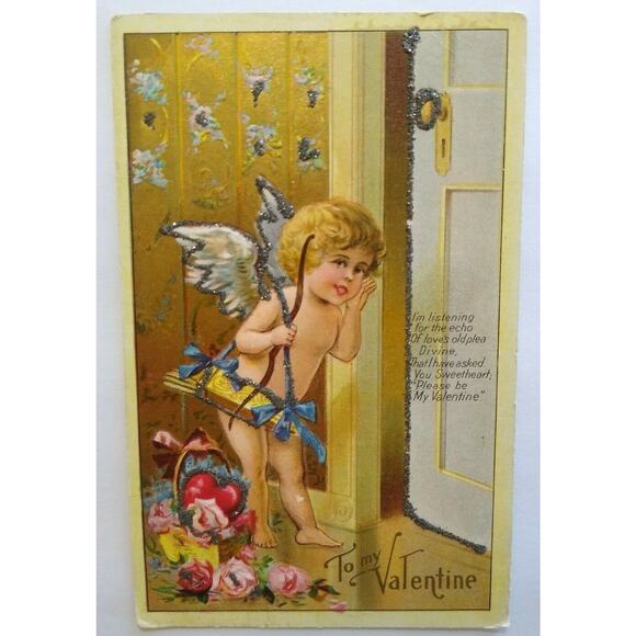 Valentines Day Postcard Cupid Angel Series No 1 Embossed Glitter Echo Of Love - Picture 2 of 8